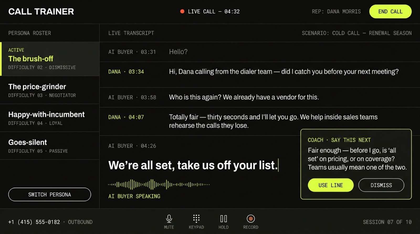 Interface comp: the call trainer running a practice call inside the dialer. The persona roster sits on the left with the brush-off persona active, and a coaching card appears while the AI buyer is still speaking.